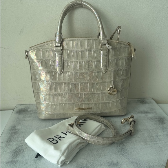 Brahmin Duxbury Leather Croc Embossed Satchel Handbag Pearly Cream Metallic